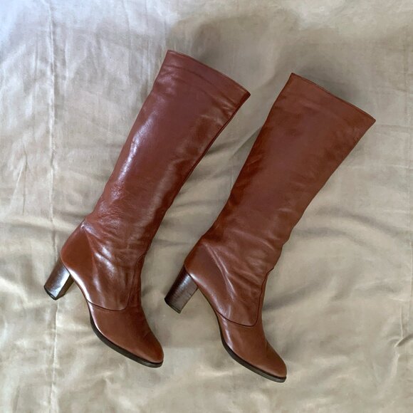 VINTAGE 1970s Sophisticates Brown Heeled Knee High Boots Women's Size 7 Pull On - Picture 1 of 10